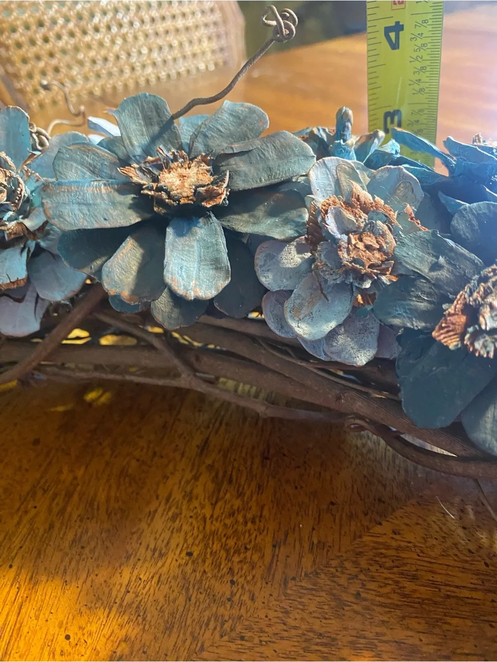 Decorative Teal and White Flower Pinecone Wreath 20”